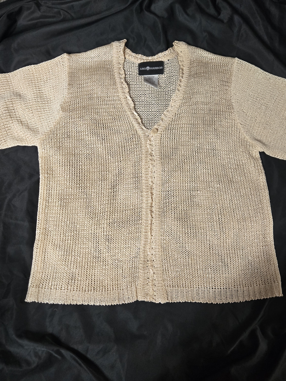 Vintage Sag Harbor Beige Open-Knit V-Neck Women's Sweater